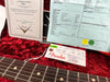 Fender Custom Shop certificate and tag for 59 Telecaster Jm Relic guitar with serial number R08285 on red plush case lining, close-up of guitar neck fretboard.