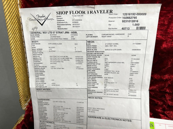 Fender Custom Shop Shop Floor Traveler specification sheet for 1956 Stratocaster Journeyman finish guitar with alder body, maple neck, vintage relic hardware, and Sonic Blue top color.