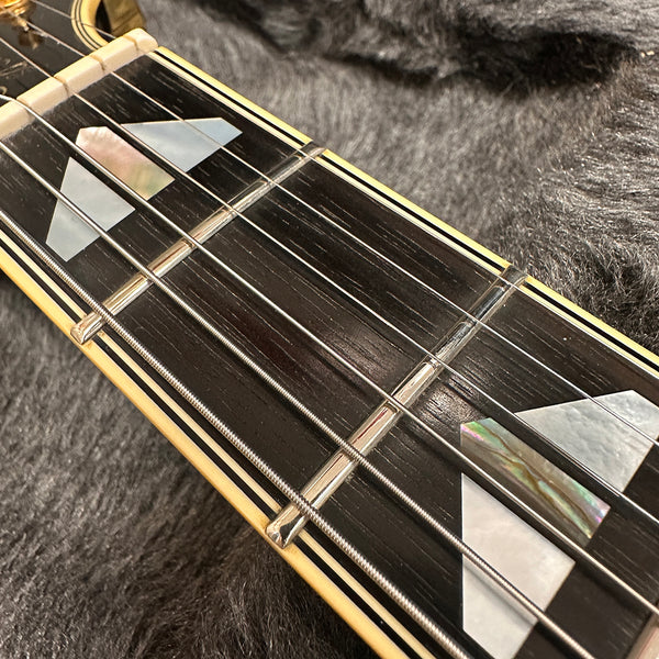 Close-up of guitar fretboard showing mother-of-pearl inlays and metal strings on dark wood fingerboard with cream binding