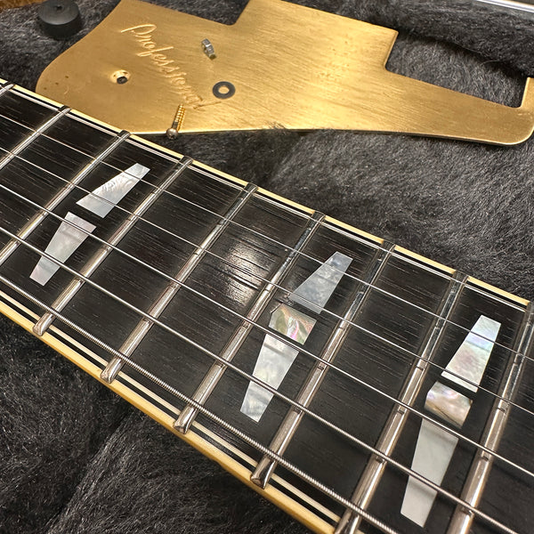 Close-up of guitar fretboard with mother of pearl inlays and metal strings on dark wood, gold pickguard with "Professional" engraving in background on black case lining.