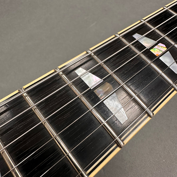 Close-up of electric guitar fretboard with mother-of-pearl inlays and metal frets on dark wood fingerboard