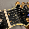 Close-up of Custom SG 3000 guitar headstock with gold tuning pegs and black finish