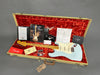 Fender 1955 Journeyman Stratocaster surf blue electric guitar in open vintage tweed case with red velvet interior, including Fender authenticity certificate, 2017 Custom Guitar Design Guide, custom care booklet, shop floor traveler, Fender accessories, and paperwork.