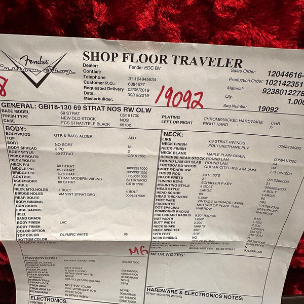 Fender Custom Shop Shop Floor Traveler specification sheet for 69 Strat NOS RW OLW electric guitar, Olympic White, alder body, maple neck, vintage style hardware and pickups, right hand, detailed build and materials overview.
