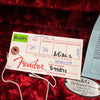 Fender guitar quality control tag and G&G vintage guitar case metal label inside red plush case lining