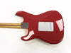 Red electric guitar body with glossy finish and maple neck, back view showing white plastic tremolo cavity cover and chrome neck plate screws, isolated on white background.