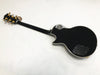 Back view of black electric guitar with gold tuning pegs and white binding on body and neck from Coffee House Guitars product listing