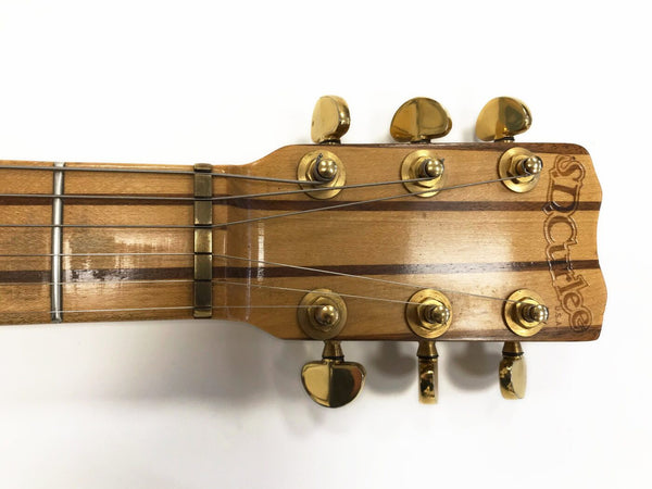 Close-up of Coffee House Guitars wooden acoustic guitar headstock with gold tuning pegs and steel strings on white background