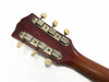 Vintage acoustic guitar headstock with six cream tuning pegs and metal tuning machines on a reddish-brown wood neck against a white background