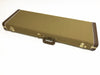 Rectangular brown tweed guitar case with leather corners and brass latches, closed on white background