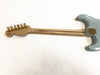 Back view of electric guitar with maple neck, gold tuning pegs, and light blue body showing neck plate and contoured body edge