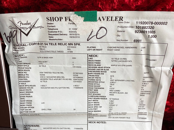 Fender Custom Shop Shop Floor Traveler specification sheet for 1954 Telecaster Relic MN Shell Pink with ash body, nitro lacquer neck, vintage Fender logo tuning keys, and chrome/nickel hardware.