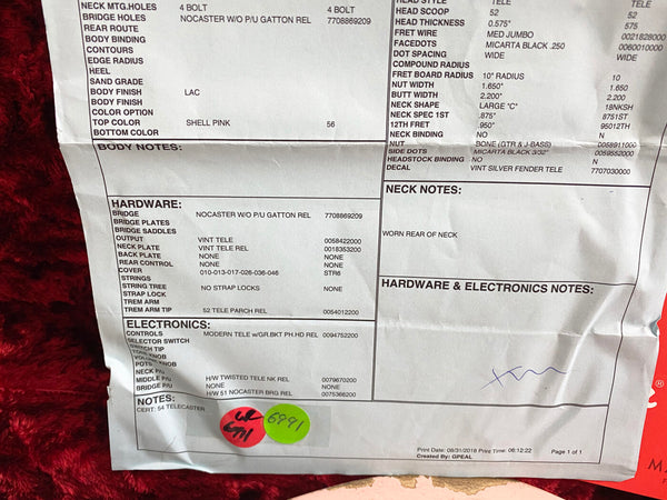 54 Telecaster guitar specification sheet detailing hardware, electronics, neck, and body notes including Nocaster bridge, vintage Tele output, modern Tele controls, shell pink top color, and worn rear neck condition.