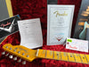 Fender Telecaster headstock on red plush case interior with Fender Custom Shop Certificate of Authenticity, Coffee House Guitars pre-sales checklist, and Fender tag with serial number R18327 visible