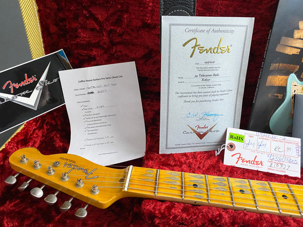 Fender Telecaster headstock on red plush case interior with Fender Custom Shop Certificate of Authenticity, Coffee House Guitars pre-sales checklist, and Fender tag with serial number R18327 visible