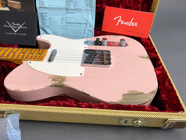 Fender Custom Shop pink relic Telecaster electric guitar with maple neck and white pickguard in tweed hard case with owner's manual and custom care booklet