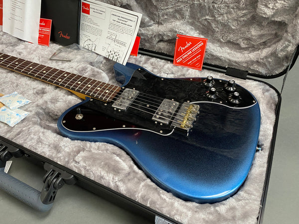 Fender American Professional II Telecaster electric guitar in blue burst finish with black pickguard, chrome humbucker pickups, control knobs and rosewood fretboard in hard case with Fender documentation and accessories