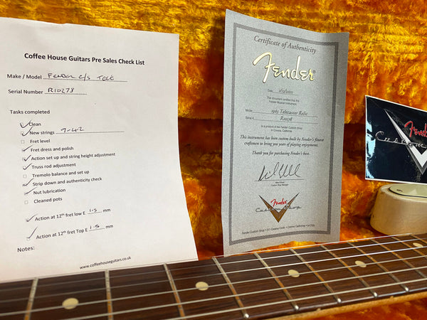 Fender 1963 Telecaster Relic guitar Certificate of Authenticity and Coffee House Guitars pre sales checklist with serial number R10278 displayed on orange plush guitar case lining with close-up of guitar fretboard