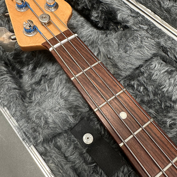 Close-up of bass guitar neck and headstock showing rosewood fretboard and tuning pegs inside a plush gray guitar case