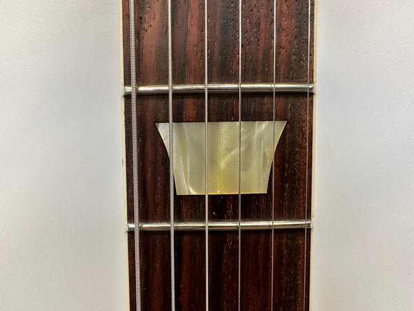 Close-up of guitar fretboard showing trapezoid mother-of-pearl inlay and steel strings on rosewood fingerboard