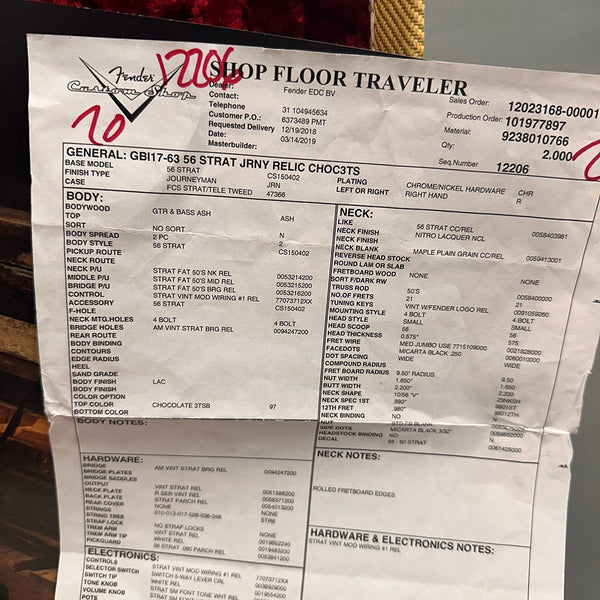 Fender Custom Shop Shop Floor Traveler specification sheet for 56 Strat Journeyman Relic guitar with chocolate 3TSB finish, ash body, maple neck, vintage style hardware and electronics details