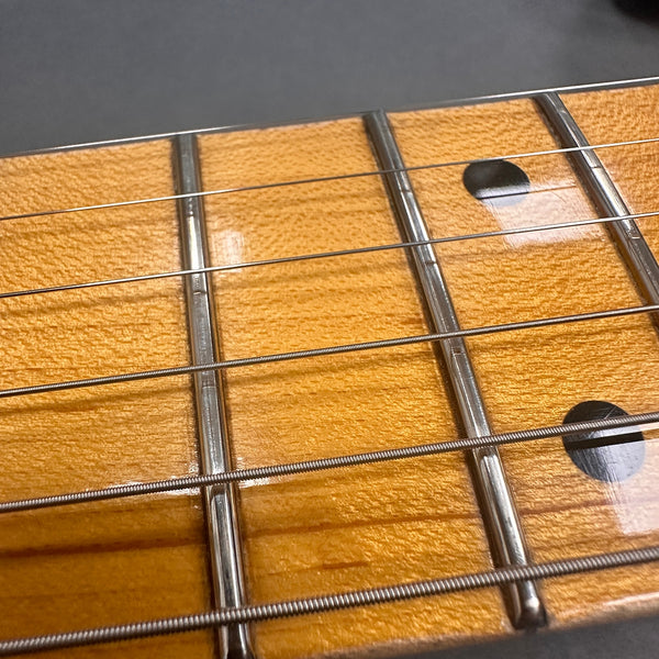 Close-up image of guitar fretboard showing metal frets, steel strings, and dot inlays on a light-colored wood fingerboard