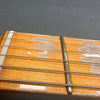 Close-up of worn guitar nut and strings on maple fretboard showing string grooves and metal fret wire