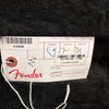 Fender guitar tag with barcode and part number for LTD US Carbonita Tele MH BTB on black fur background