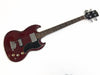 Gibson SG electric bass guitar with cherry red finish, black pickguard, and rosewood fretboard on white background