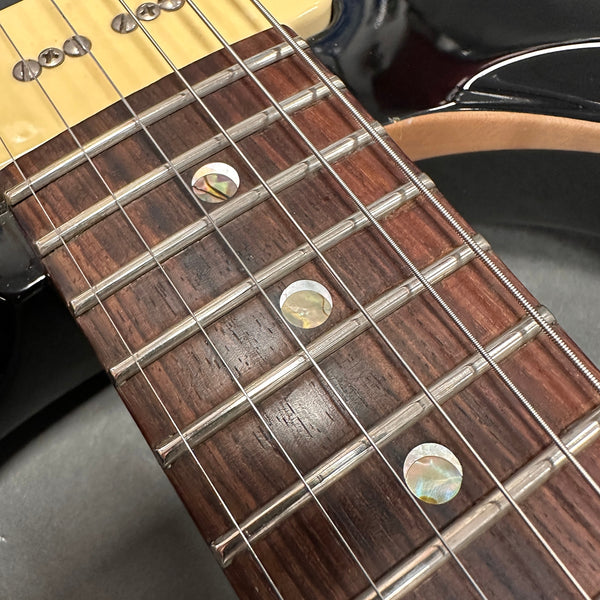Close-up of electric guitar rosewood fretboard with abalone dot inlays and metal fret wires, silver guitar strings and black guitar body edge visible