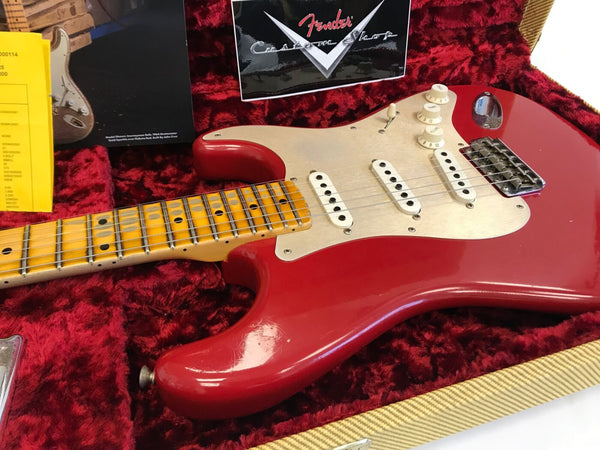 Fender Custom Shop Journeyman Relic 1964 Stratocaster electric guitar in Dakota Red with gold sparkle pickguard and maple fretboard in red plush-lined guitar case