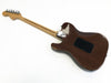 Brown electric guitar back with maple neck and chrome tuning pegs on white background, showing black plastic cover plate on body and neck joint plate screws.