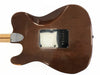 Back of vintage brown electric guitar body with black plastic cover plate and chrome neck plate on white background