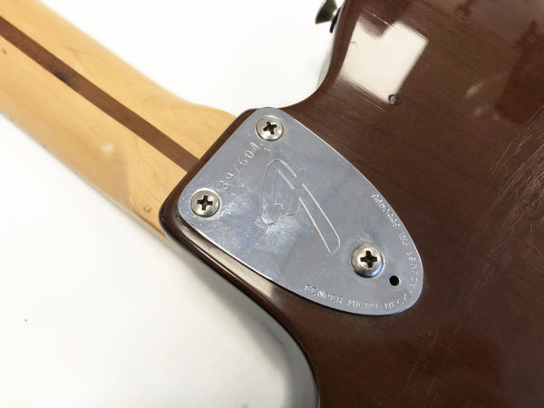 Close-up of Fender guitar neck plate with Micro-Neck Adjust system on brown guitar body and maple neck with walnut stripe