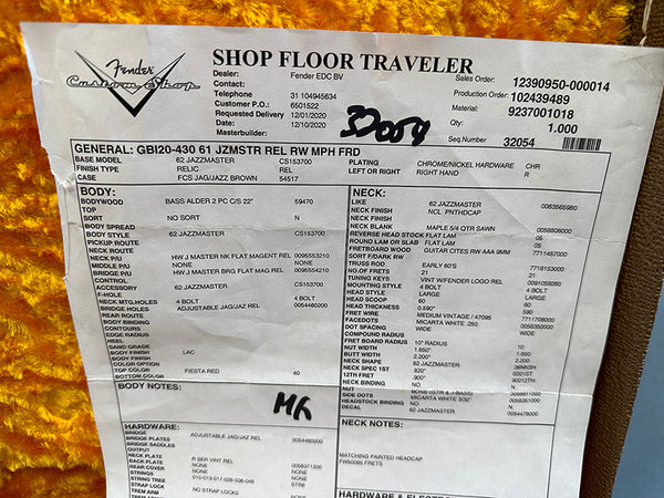 Fender Custom Shop Shop Floor Traveler spec sheet for 62 Jazzmaster Relic guitar with bass alder body, Fiesta Red finish, maple neck, vintage Fender logo tuners, and adjustable Jaguar/Jazz bridge hardware.