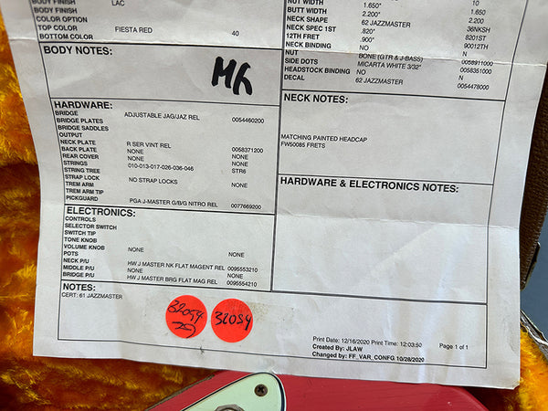 Fender Jazzmaster guitar spec sheet detailing body finish Fiesta Red, adjustable Jag/Jazz bridge, HW J Master neck and bridge pickups, micarta white binding, and various hardware and electronics notes.