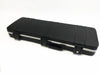 Black hard shell guitar case with metal edging and locking latches, rectangular shape designed for electric guitar protection and transport