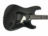 Matte black electric guitar body with dual EMG pickups, black pickguard, volume knob, and six strings on white background
