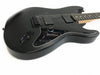 Black electric guitar with dual EMG pickups, volume knob, and black pickguard on white background