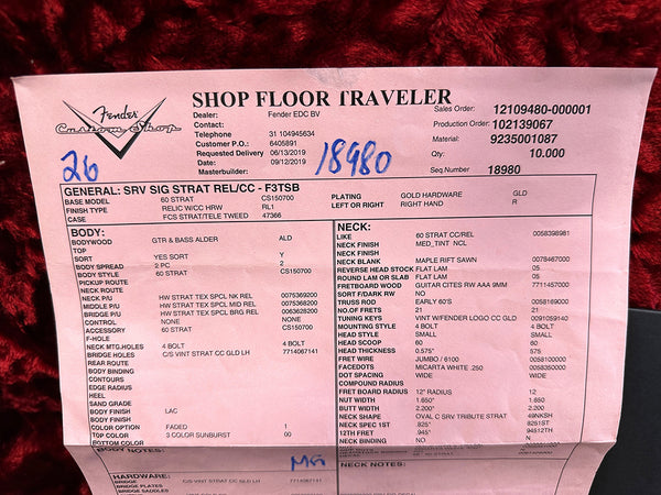 Fender Custom Shop Shop Floor Traveler specification sheet for SRV Signature Stratocaster Relic model with 60 Strat body, relic finish, gold hardware, maple neck with rosewood fretboard, 3 color sunburst finish and vintage style hardware.