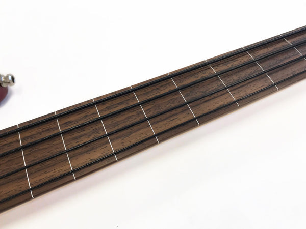 Close-up of rosewood guitar fretboard with four black strings and white fret markers on white background