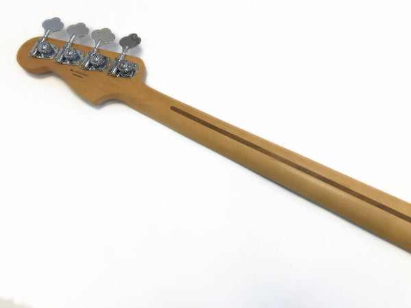 Maple guitar neck with four chrome tuning pegs on a white background, showing back view of headstock and neck reinforcement stripe
