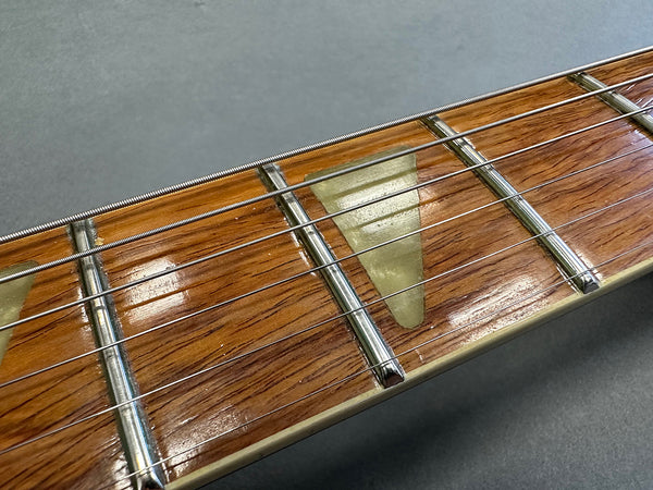 Close-up of guitar fretboard with metal frets, six strings, and triangular mother-of-pearl inlay on polished wood fingerboard