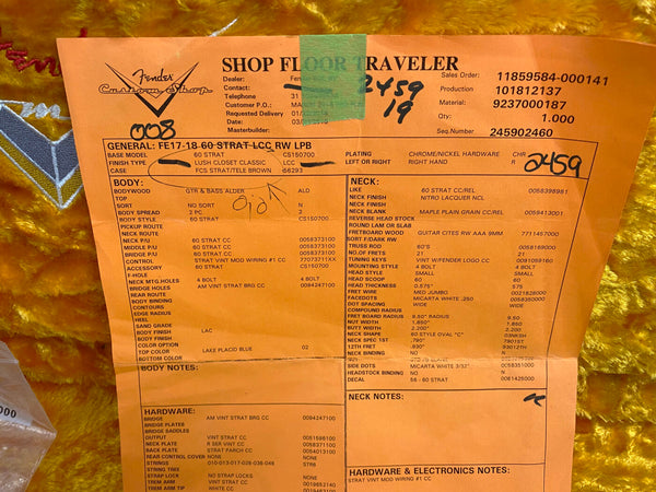 Fender Custom Shop shop floor traveler sheet for 60 Stratocaster guitar with Lush Closet Classic finish and Lake Placid Blue top color, alder body wood, maple neck with nitro lacquer finish, vintage style wiring, and chrome/nickel hardware.