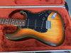 Electric guitar with sunburst finish, black pickguard, and rosewood fretboard displayed in a red plush-lined hard case
