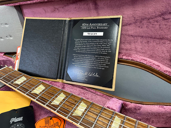 Gibson Custom Shop 60th Anniversary 1959 Les Paul Standard certificate with guitar neck and velvet-lined case interior