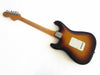 Vintage sunburst electric guitar back view with maple neck and chrome tuning pegs on white background