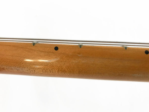 Close-up of guitar neck with fret markers and metal strings on polished wood finish, Coffee House Guitars product detail image