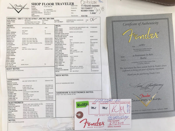Fender Custom Shop Shop Floor Traveler specification sheet and Certificate of Authenticity for 55 Stratocaster Journeyman Relic guitar with serial number R92809 and detailed guitar build and hardware notes.