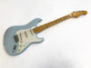 Fender Stratocaster electric guitar in light blue with white pickguard and maple neck on white background